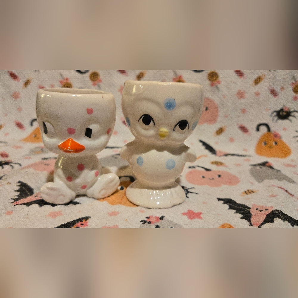 1940s Ceramic Egg Cups with Polka Dots